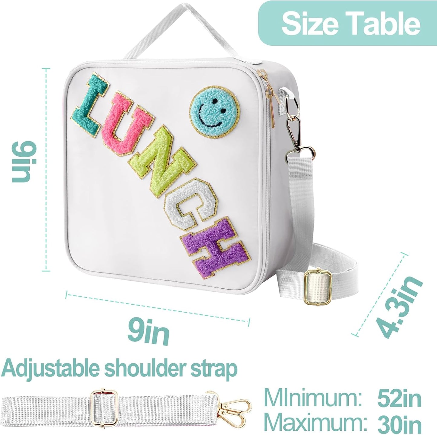 Insulated Lunch Bag With Adjustable Shoulder Strap, Nylon Preppy Lunch Box Large Insulated Lunch Bag Reusable Lunch Tote Bag with Smiley Preppy LunchBag for Girls School Travel Picnic (Green)