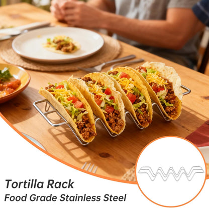 Taco Holders set of 4, Stainless Steel Taco Shell Holder Stand Rack, Holds 4 Tortillas Each, Taco Tray Plates for Taco Bar, Oven Safe for Baking, Dishwasher and Grill Safe, Taco Holders Rack