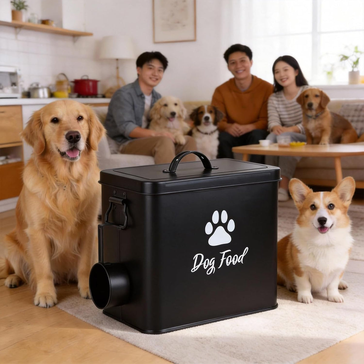 Dog Food Container 13lb, Cute Airtight Pet Food Storage Containers with Metal Lid Scoop, Black Metal Storage Bin for Dog/Cat with Wheels,Easy to Move
