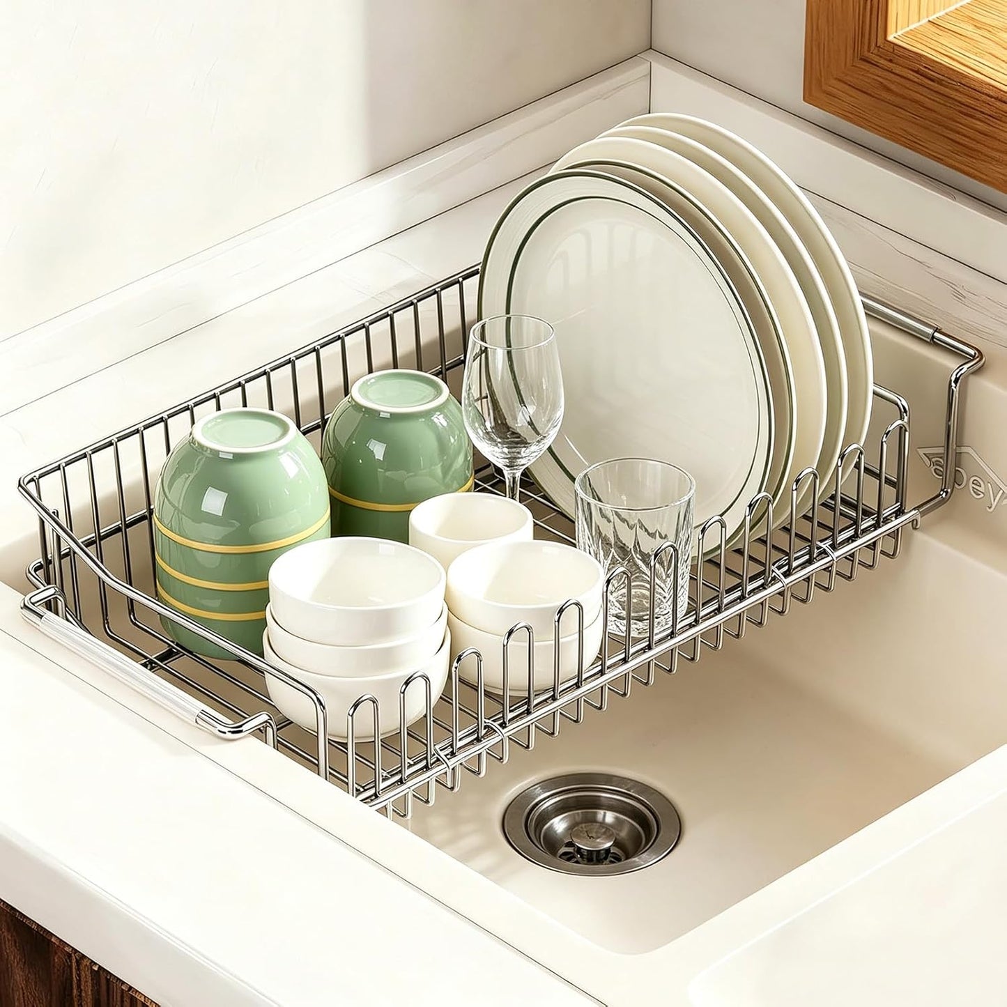 Expandable Over The Sink Dish Drainer Drying Rack, Stainless Steel Metal, Small Adjustable Dish Drainer Drying Rack for Kitchen Counter, Space Saving for Compact Kitchen