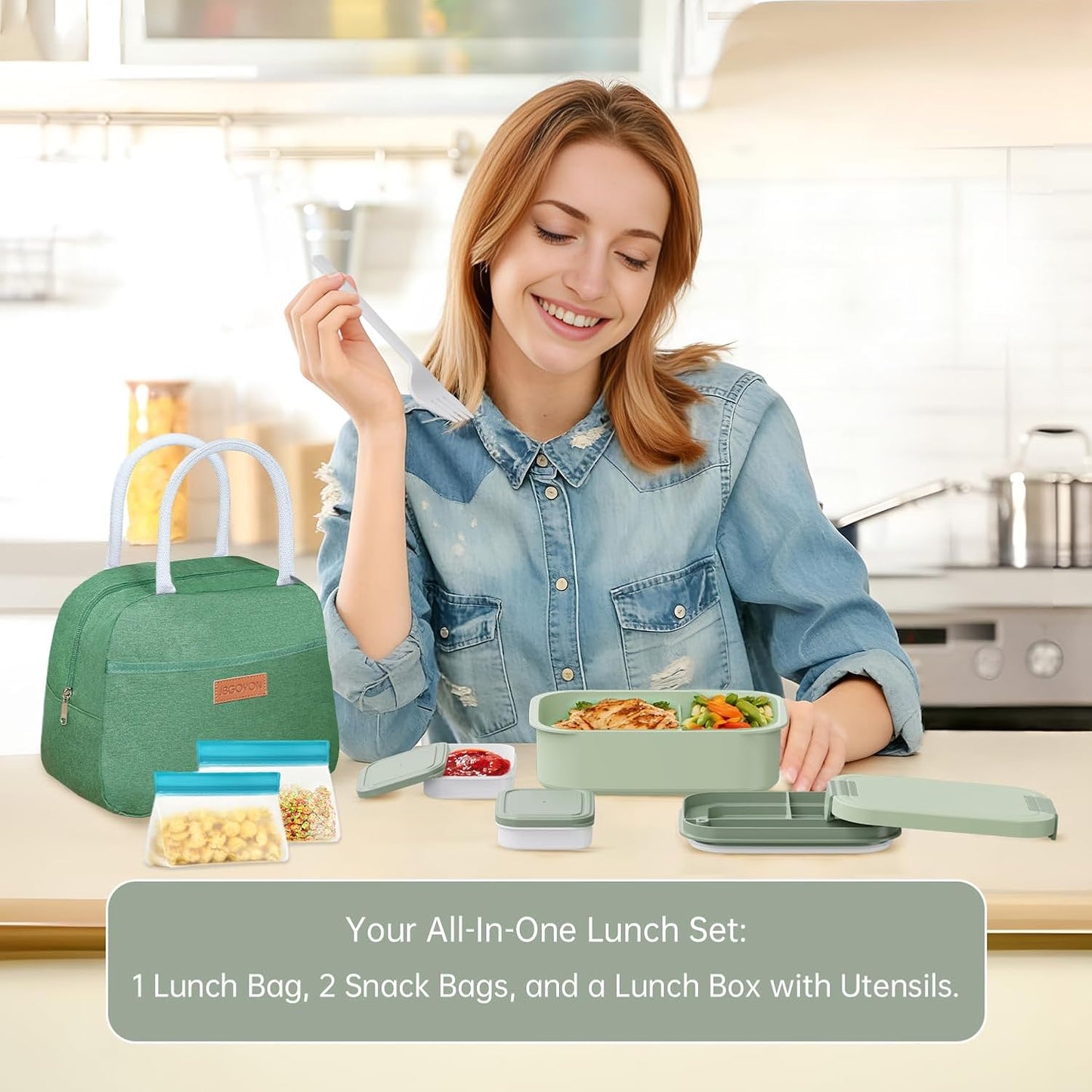 JBGOYON Bento Box and Lunch Bag Set, Leak-Proof Lunch Box for Adults and Kids with Built-in Utensils, Insulated for Work School Travel, Microwave & Dishwasher Safe, All-in-One (Purple)