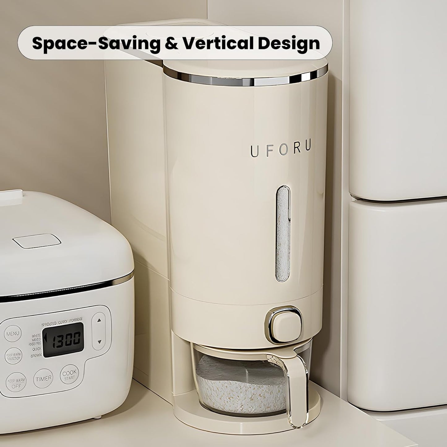 UFORU Rice Dispenser, Rice Storage Container with Measuring Cup for Kitchen Pantry Household, Dry Food Storage Containers Airtight, Sealed Moisture Proof (White 13Lbs)