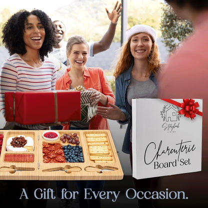 Charcuterie Boards Set - Large Bamboo Cheese Board with Charcuterie Accessories - Wooden Cheese Platter - Foldable Charcuterie Board for House Warming Gifts New Home & Wedding Gifts
