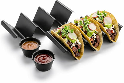 Taco Holders with Sauce Cups (Set of 2) - Black Stainless Steel Taco Stands for 3 Tacos - Dishwasher, Oven & Grill Safe Taco Rack Tray for Home, Parties & Kids by Serro
