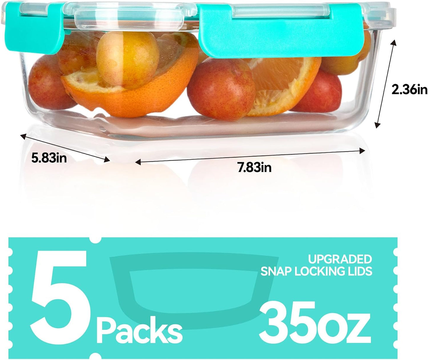 BAYZZ Glass Food Storage Containers, 5 Pack 35 Oz Glass Meal Prep Containers, Lunch Boxes with Airtight BPA-Free Lids, Microwave, Freezer and Dishwasher Safe