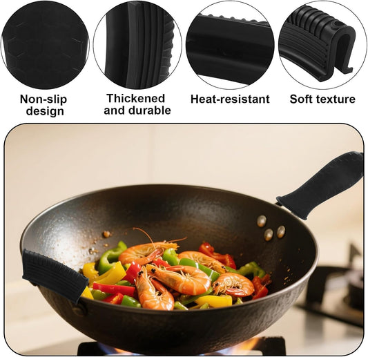 4 PCS Silicone Hot Handle Holder Cover - Heat Resistant Silicone Handle Covers for Cast Iron Skillets, Pans & Pots - Non-Slip Grip(Black)