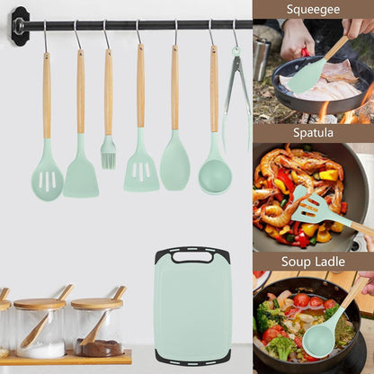 Non-Stick Silicone Cooking Utensils Set, 5 Pcs with Wooden Handle, Heat Resistant Silicone Kitchen Gadgets (Black)