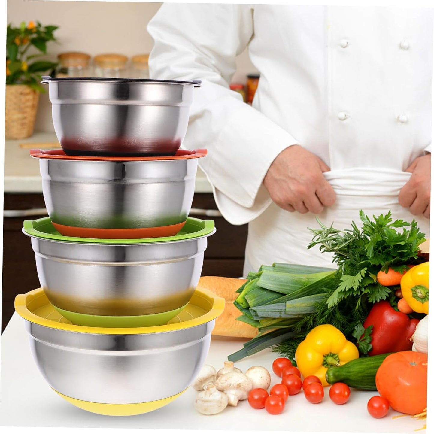 Cabilock 4pcs Non- Stainless Steel Mixing Bowl Base Deep Round Salad and Soup Bowls Mixed Colors for Fruits Vegetables and More