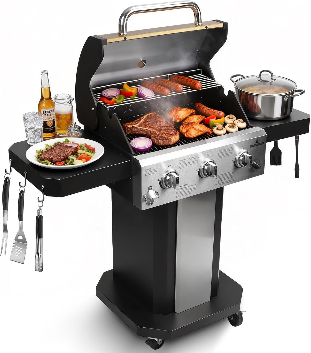 Redlife 3 Burner Propane Gas Grill, 30,000 BTU Outdoor BBQ Grill with Cast Iron Cooking Grates, Stainless Steel Warming Rack, Built-in Thermometer, Side Shelves, Removable Grease Tray, Yellow
