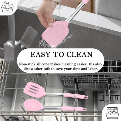 TeamFar Kitchen Utensils, 4 PCS Silicone Cooking Utensils Spatula Spoon Set with Stainless Steel Handle, for Frying Mixing Draining Turning, Healthy & Heat-proof, Non-stick & Dishwasher Safe - Black