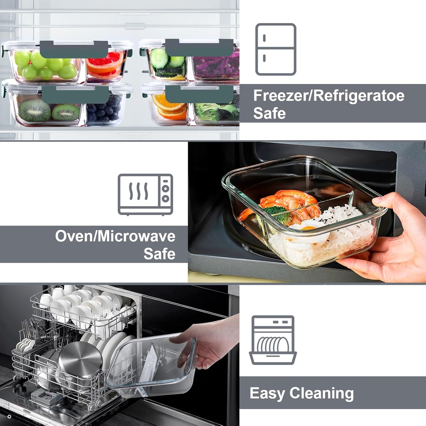 VERONES 5 Pack Glass Meal Prep Containers 2 Compartment Set, 36OZ Airtight Lunch Containers, Glass Food Storage Containers with Lids, for Microwave, Oven, Freezer & Dishwasher Friendly,White