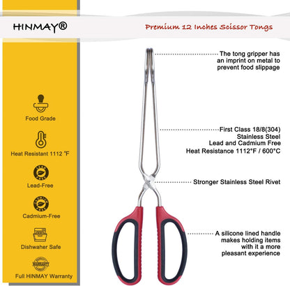 HINMAY Stainless Steel Scissor Tongs with Comfort-Grip Handle 12-Inch, Set of 2