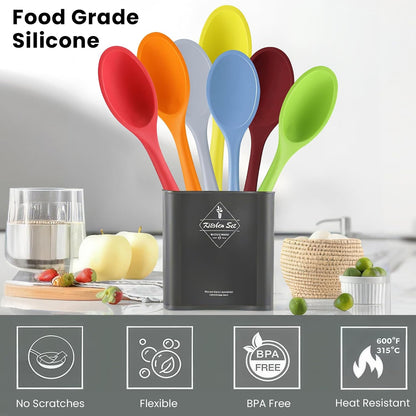 GEEKHOM Silicone Cooking Spoons, 4 Pieces 8" Heat Resistant Silicone Kitchen Utensils Set Serving Stirring Spoons for Non Stick Cooking, Mixing, Basting, Baking, Black+Red+Gray+Blue