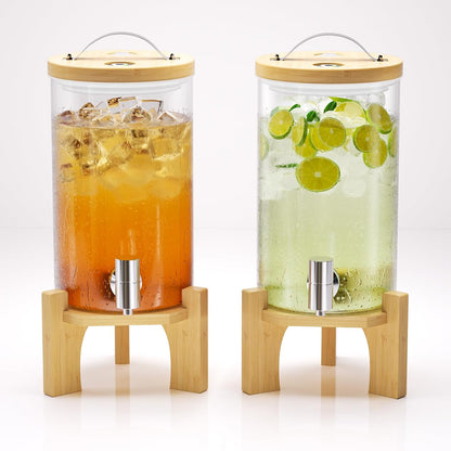 1.2 Gallon Glass Drink Dispenser For Parties, beverage dispenser with Bamboo wood stand And Stainless Steel Spigot, Juice or lemonade dispenser Laundry Detergent Dispenser (2 PACK)