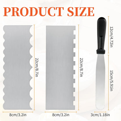Cake Scraper Set 3PCS, Stainless Steel Flat Convex Wave with Icing Spatula