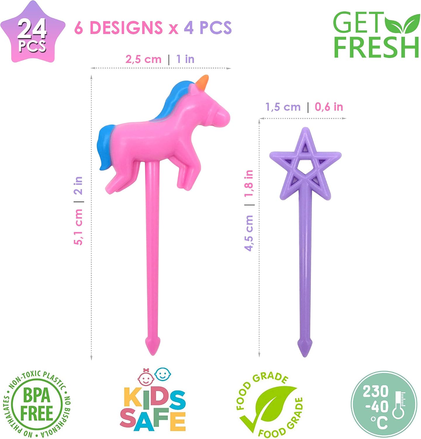 GET FRESH Unicorn Bento Food Picks for Kids 24 pc Set Cute Decorative Plastic Animal Toothpicks for Toddlers Lunch Decoration Reusable Bento Box Set