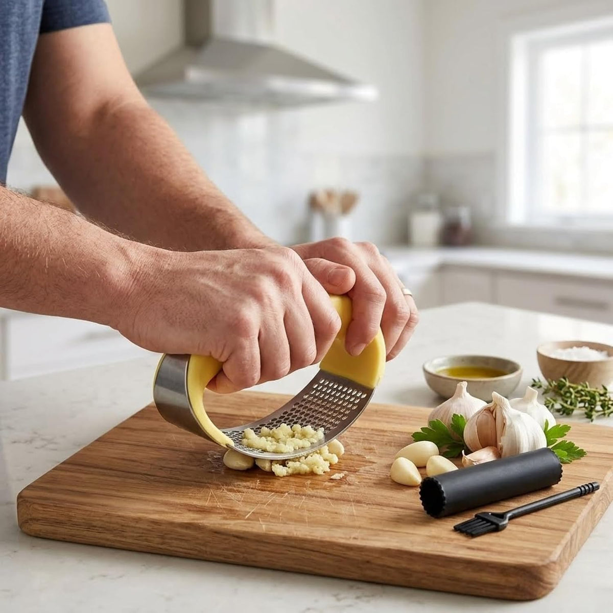 Angel's Peel Lounge Stainless Steel Garlic Press Rocker Set with Silicone Garlic Peeler & Cleaning Brush – Garlic Chopper, Mincer, Grater, Crusher – Easy for Crushed Cloves – Rust-Resistant, Black