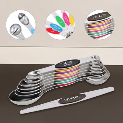 EDELIN Magnetic Measuring Cups and Spoons Set, Stainless Steel 7 cup and 7 spoon with 1 Leveler, 18/8 304 stainless steel (Black 15 sets)