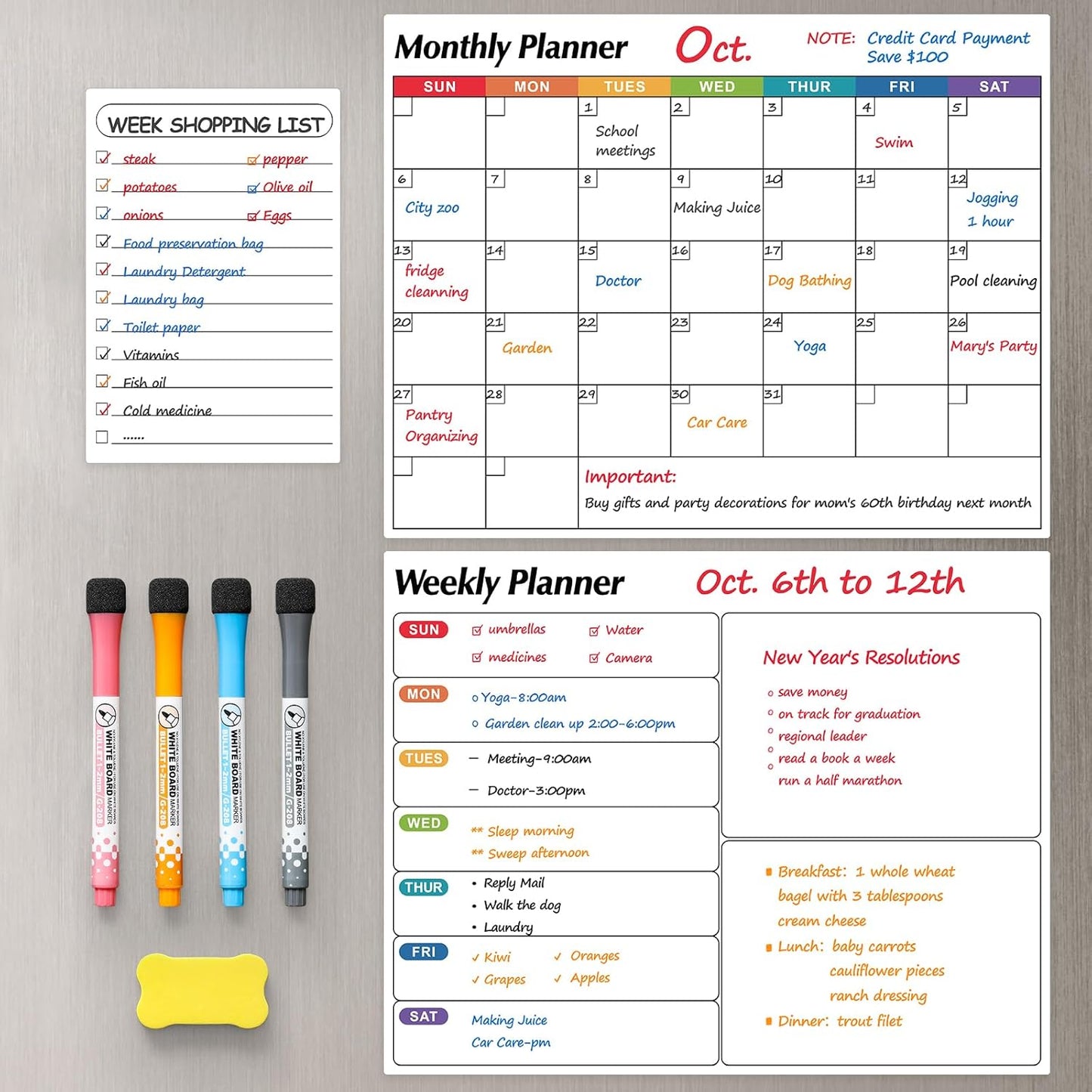 Dry Erase Magnetic Calendar for Refrigerator, 3 Pack- Monthly & Weekly & Daily Planner Magnet Whiteboard for Fridge Wall Door - Shopping, Meal/Menu, to Do List, Family Schedule Planning Board (C)
