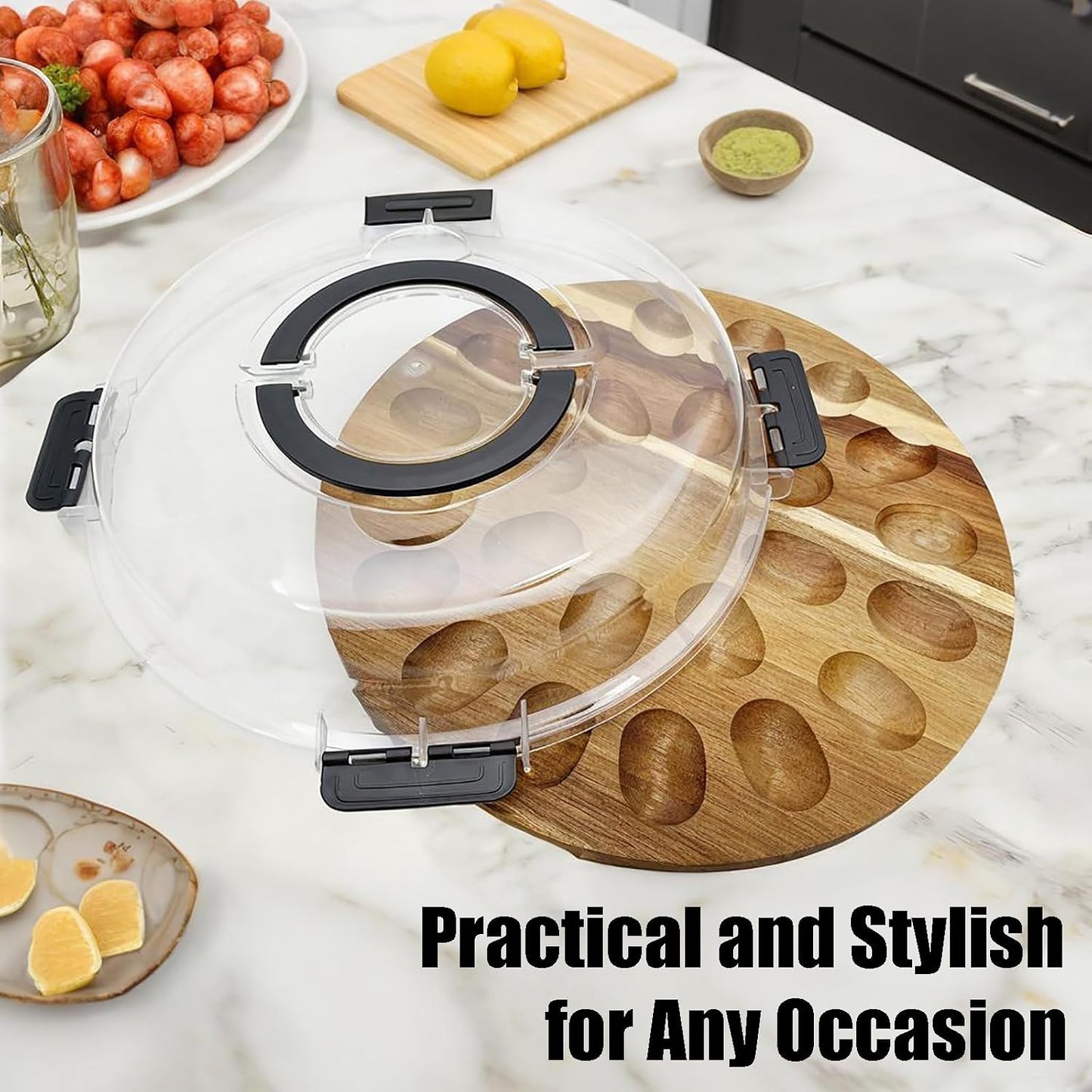 Deviled Egg Containers with Lid and Handle Portable Travel Acacia Wood Deviled Egg Platter 24 Holes Tray Holder Double-sided Use