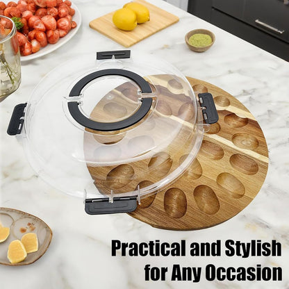 Deviled Egg Containers with Lid and Handle Portable Travel Acacia Wood Deviled Egg Platter 24 Holes Tray Holder Double-sided Use