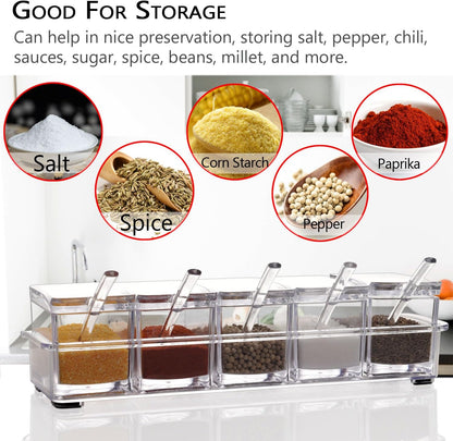 V·RESOURCING Clear Seasoning Box, 3 Pieces Seasoning Rack Spice Pots Storage Container for Spice Salt Sugar Cruet Liquid,Condiment Jars with 3 Spoons