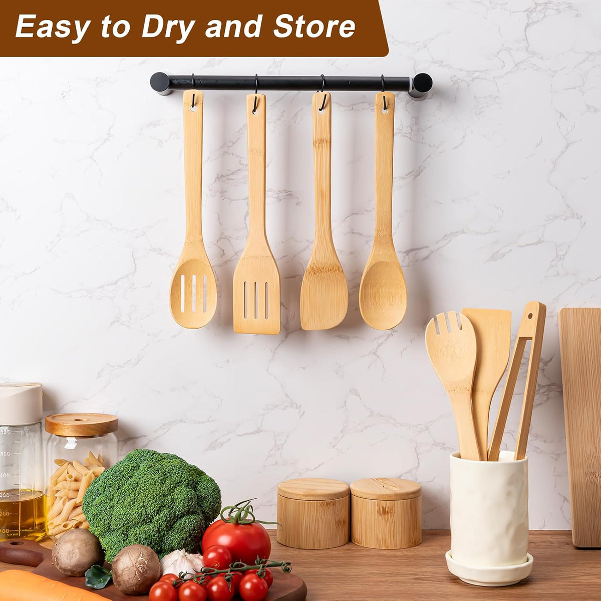 Eisinly 7-Piece Wooden Cooking Spoons, Natural Bamboo Utensil Set