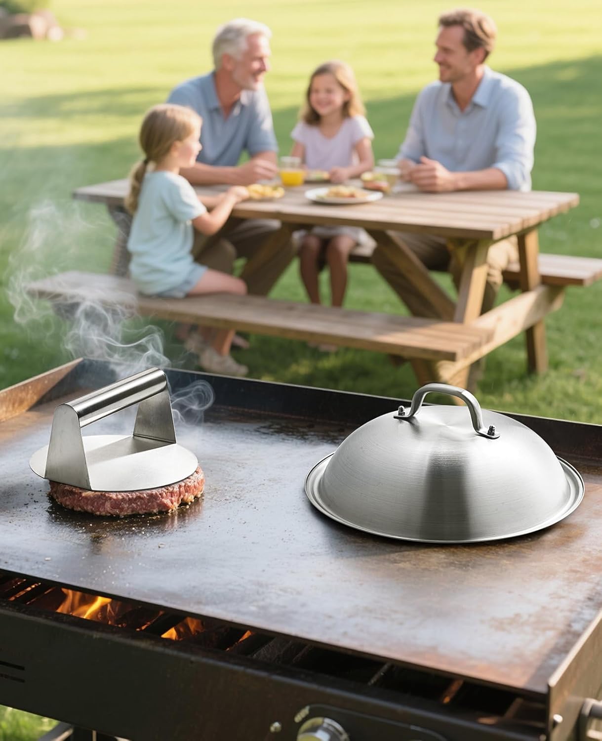 HOMENOTE Griddle Accessories for Blackstone, Commercial Grade 12 Inch Heavy Duty Melting Dome with Round Cast Iron Smash Burger Press Perfect for Flat Top Hibachi Grill Outdoor Indoor