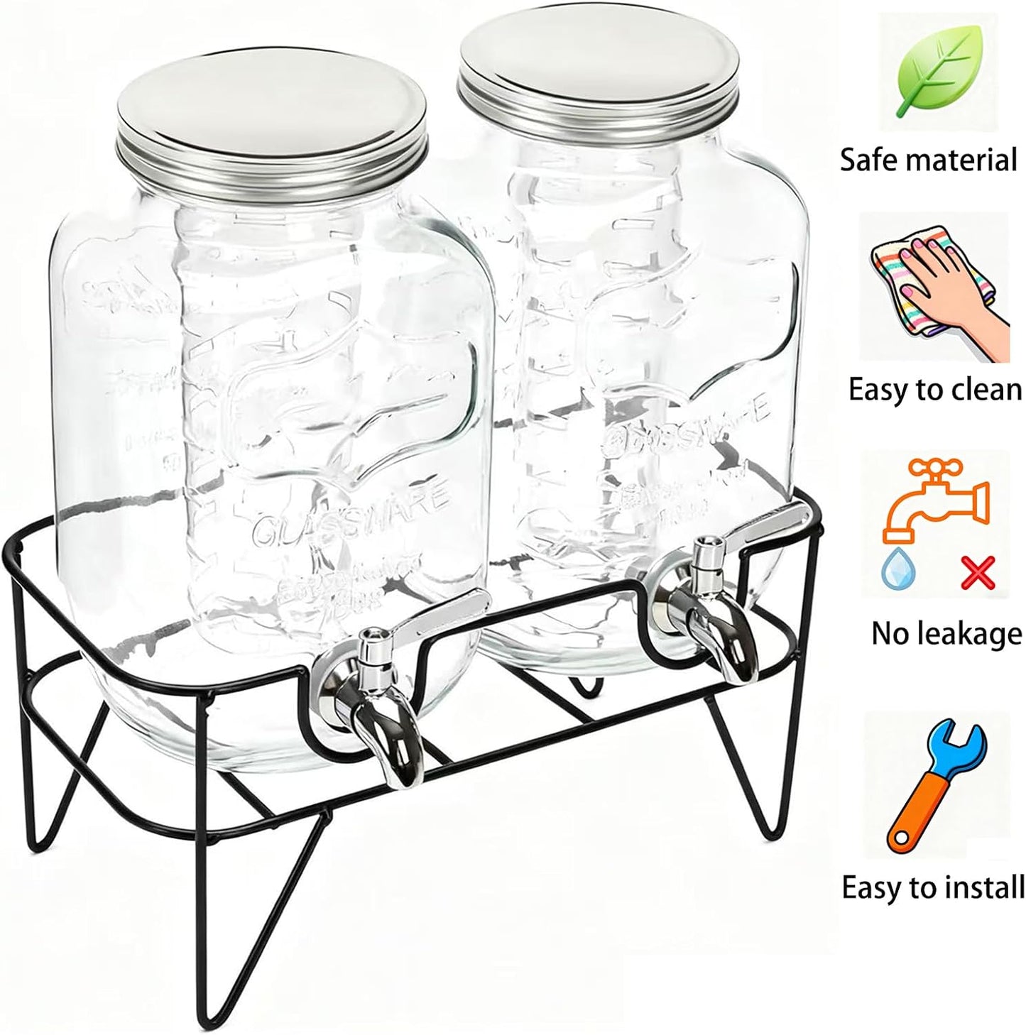 1 Gallon Glass Drink Dispensers For Parties 2PACK, Beverage Dispenser, Glass Drink Dispenser with Stand Stainless Steel Spigot, Lemonade Dispenser for BBQ Picnic, Party
