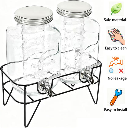 1 Gallon Glass Drink Dispensers For Parties 2PACK, Beverage Dispenser, Glass Drink Dispenser with Stand Stainless Steel Spigot, Lemonade Dispenser for BBQ Picnic, Party