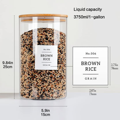 Large glass flour and sugar containers with 132 Kitchen Pantry Labels - 110 oz Glass Food Storage Containers with Airtight Lids - Square Glass Jars with Bamboo Lids for Rice, Pasta, Cookies, grain