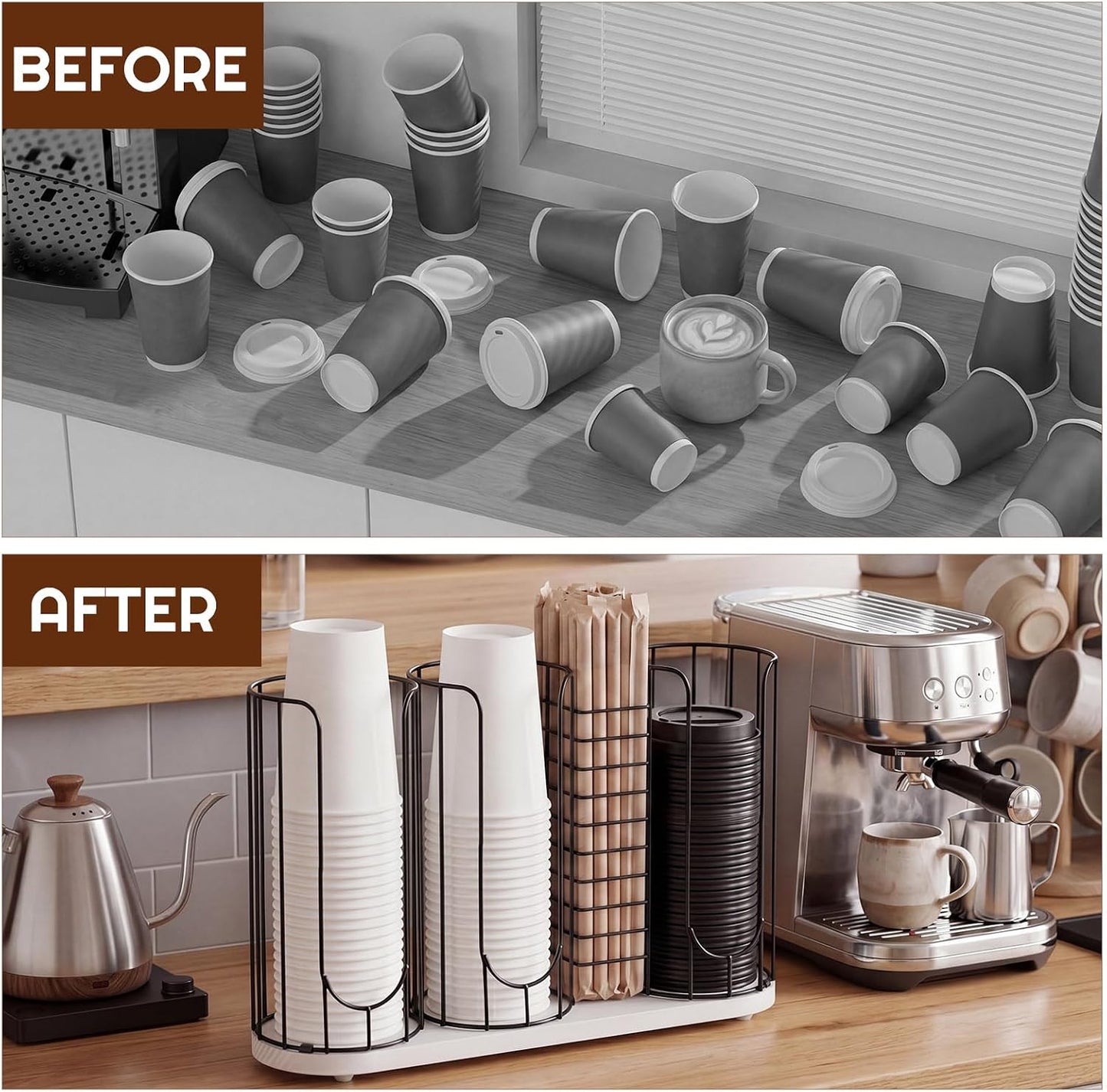 Geelin 18oz Adjustable Coffee Cup Dispenser with Wooden Base, Cup and Lid Holder, Cups Holder Organizer for Coffee Pod Straw and Lid Storage(2-compartment Single,Color 2)