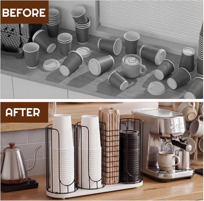 Geelin 18oz Adjustable Coffee Cup Dispenser with Wooden Base, Cup and Lid Holder, Cups Holder Organizer for Coffee Pod Straw and Lid Storage(2-compartment Single,Color 2)