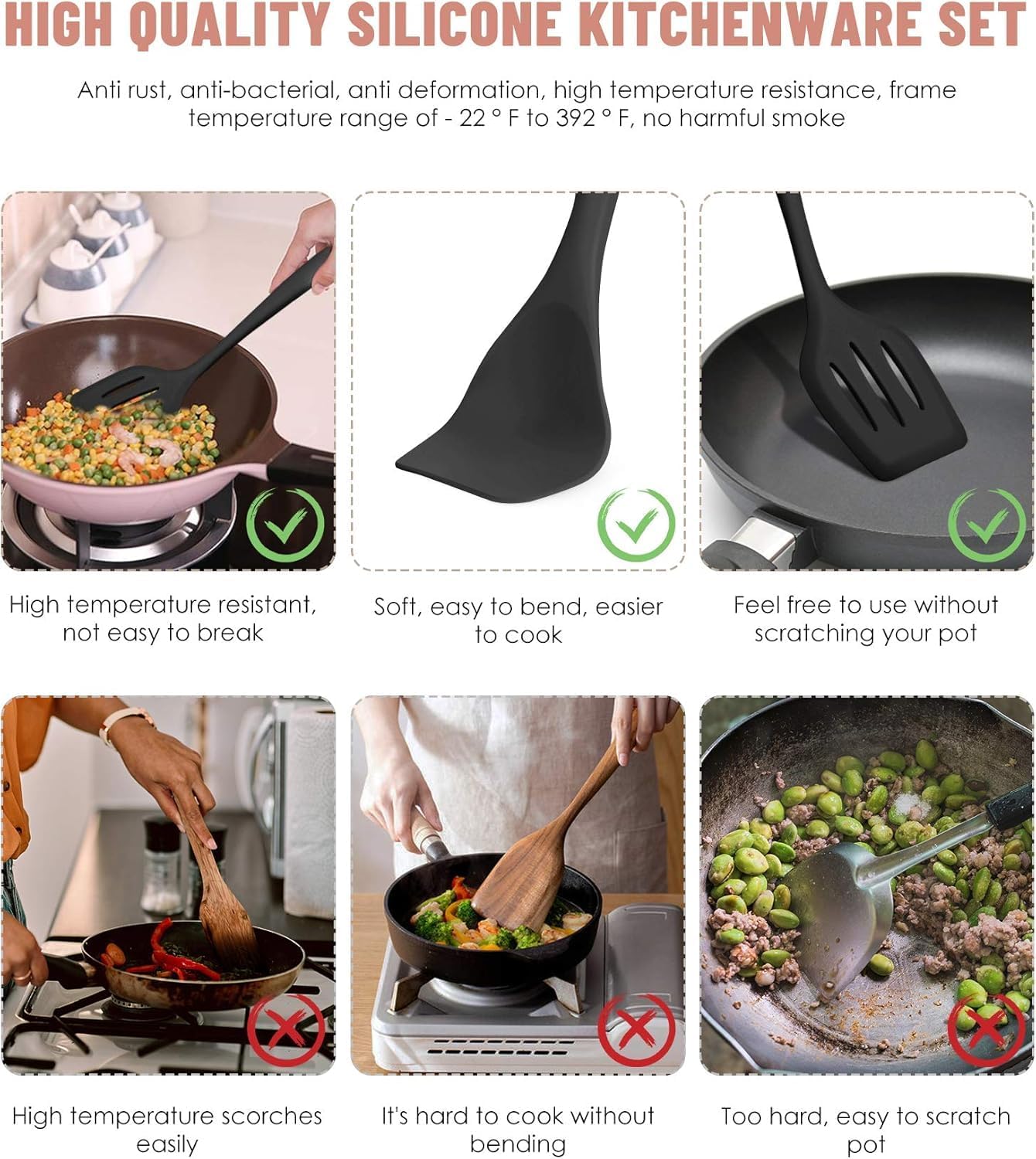 12-Piece Silicone Kitchen Utensil Set with Holder - Heat Resistant Cooking Tools (Black)
