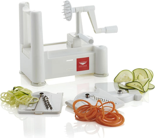 Paderno World Cuisine 3-Blade Vegetable Slicer / Spiralizer, Counter-Mounted and includes 3 Stainless Steel Blades