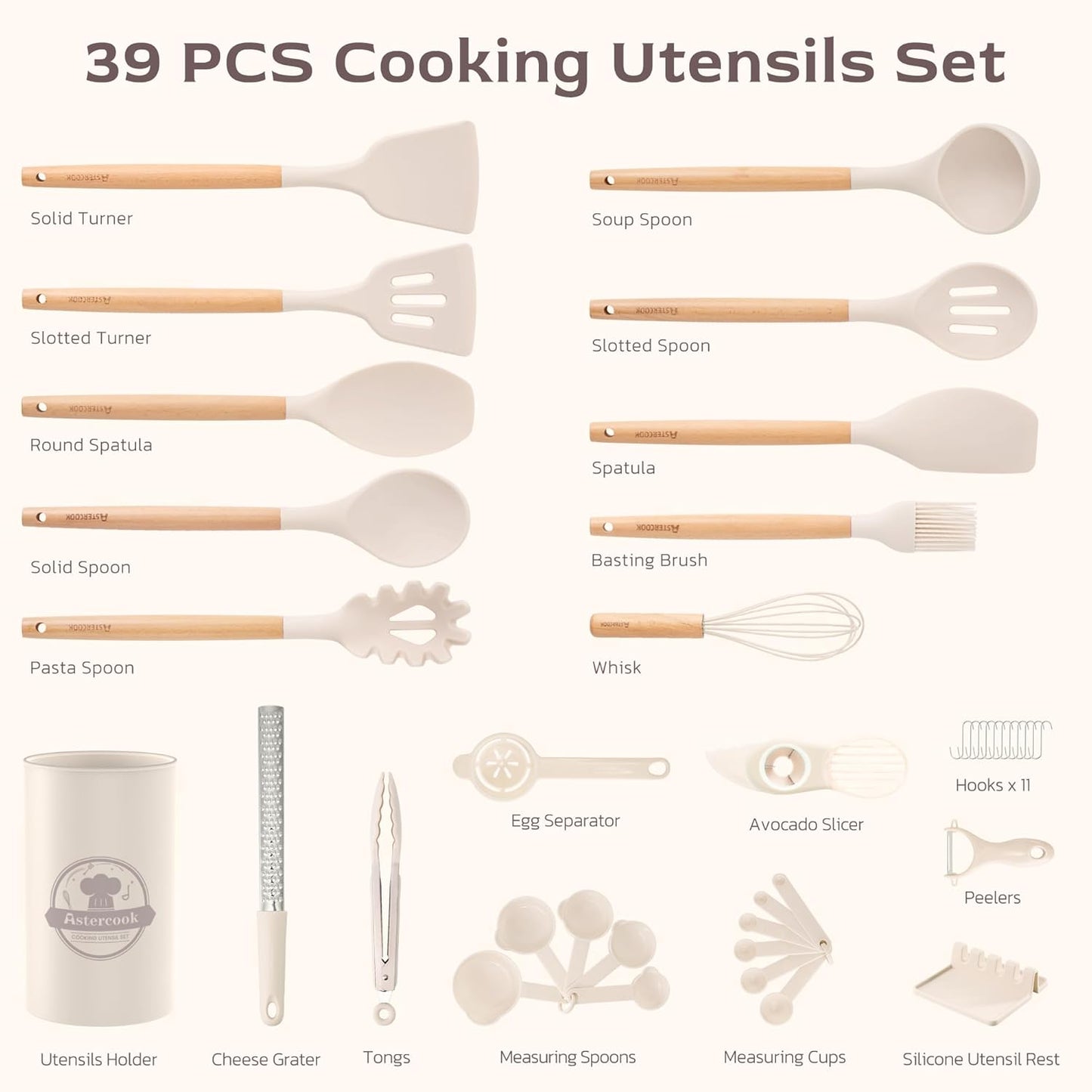Astercook 39 PCS Kitchen Utensils Set, Silicone Cooking Utensil Sets with Wooden Handle, 446°F Heat Resistant Food Grade Spatula Set, BPA Free Kitchen Gadgets Tools Set & Spoons for Nonstick Cookware