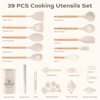Astercook 39 PCS Kitchen Utensils Set, Silicone Cooking Utensil Sets with Wooden Handle, 446°F Heat Resistant Food Grade Spatula Set, BPA Free Kitchen Gadgets Tools Set & Spoons for Nonstick Cookware