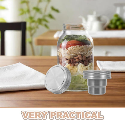 Ipetboom 2 Sets Mason Jar Divider Cup with Stainless Steel Lid - 70ml Meal Prep Salad Dressing Container Insert for Veggies Snacks Sealing Lid Fits Regular Mason Jars