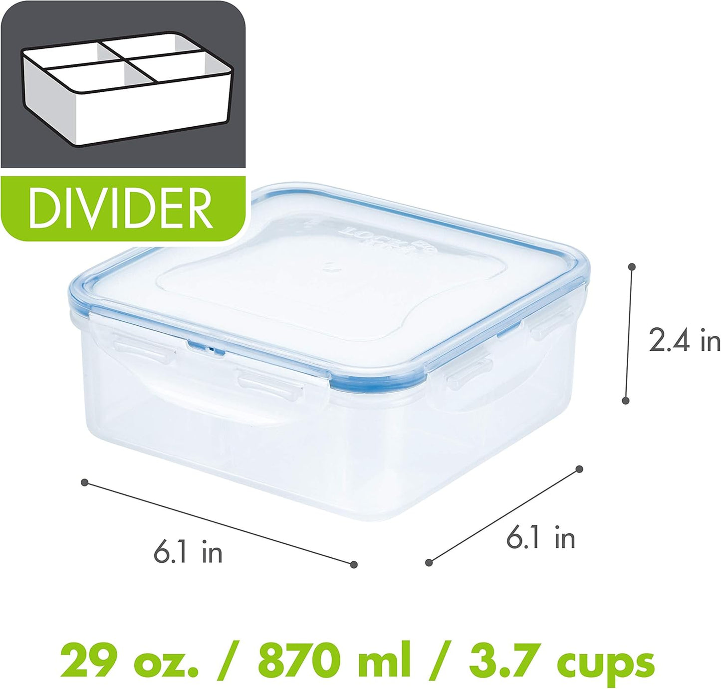 LOCK & LOCK Easy Essentials On The Go Meal Prep Lunch Box, Airtight Containers with Lid, BPA Free, Square (4 Section) -29 oz, Clear