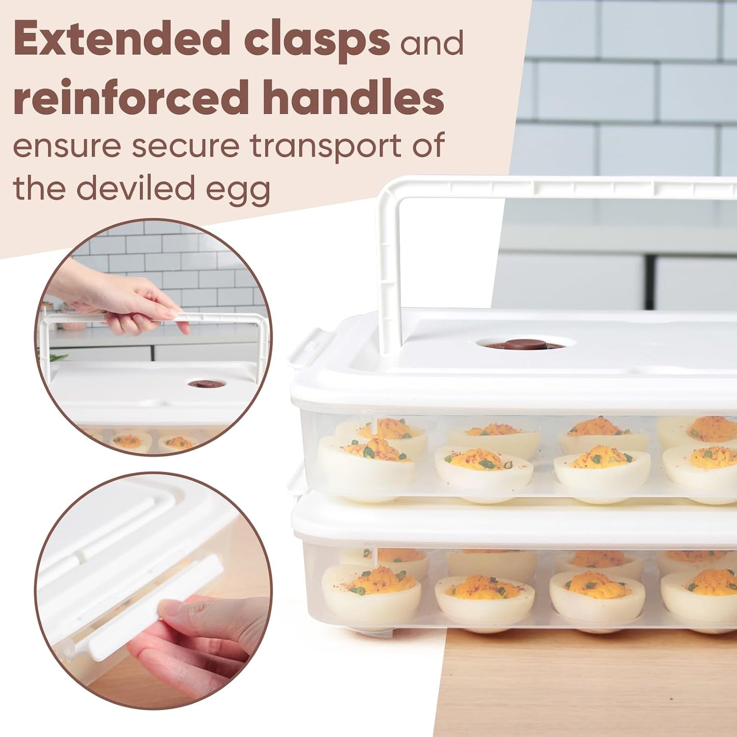 77L Deviled Egg Containers with Lid, (Set of 2), Plastic Deviled Egg Carrier with Handle for 48 Eggs, Clear Storage Devil Egg Platter, Fridge Portable Egg Tray (White)