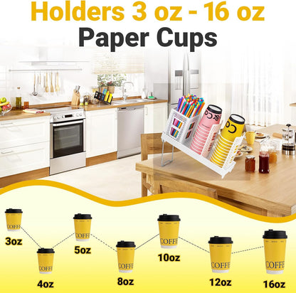 Cup and Lid Holder, Disposable Paper Cup Dispenser with Coffee Pod Straw Storage Basket, Countertop Coffee Cup Holder for Coffee Stations, Bars, Break Rooms, Living Rooms, Parties (Black)