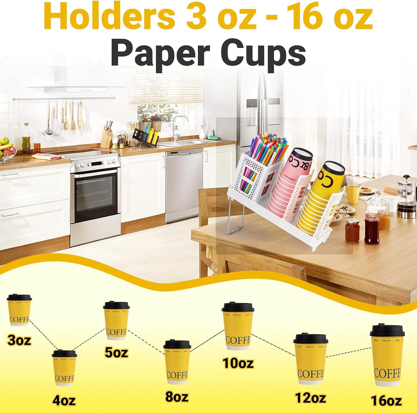 Cup and Lid Holder, Disposable Paper Cup Dispenser with Coffee Pod Straw Storage Basket, Countertop Coffee Cup Holder for Coffee Stations, Bars, Break Rooms, Living Rooms, Parties (Black)