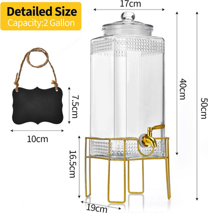 Drink Dispenser,2 Gallon Drink Dispensers for Parties,Beverage Dispenser with Stand,Glass Lid and Stainless Steel Spigot Leak-proof, Ideal for Lemonade,Juice, Tea, and Party Drinks