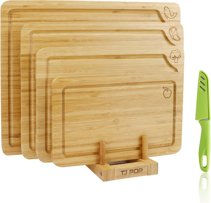 Wood Cutting Board Set of 4, Wooden Chopping Boards with Food Icons for Kitchen, Charcuterie Board for Meat, Vegetables, Fruits, Cheese