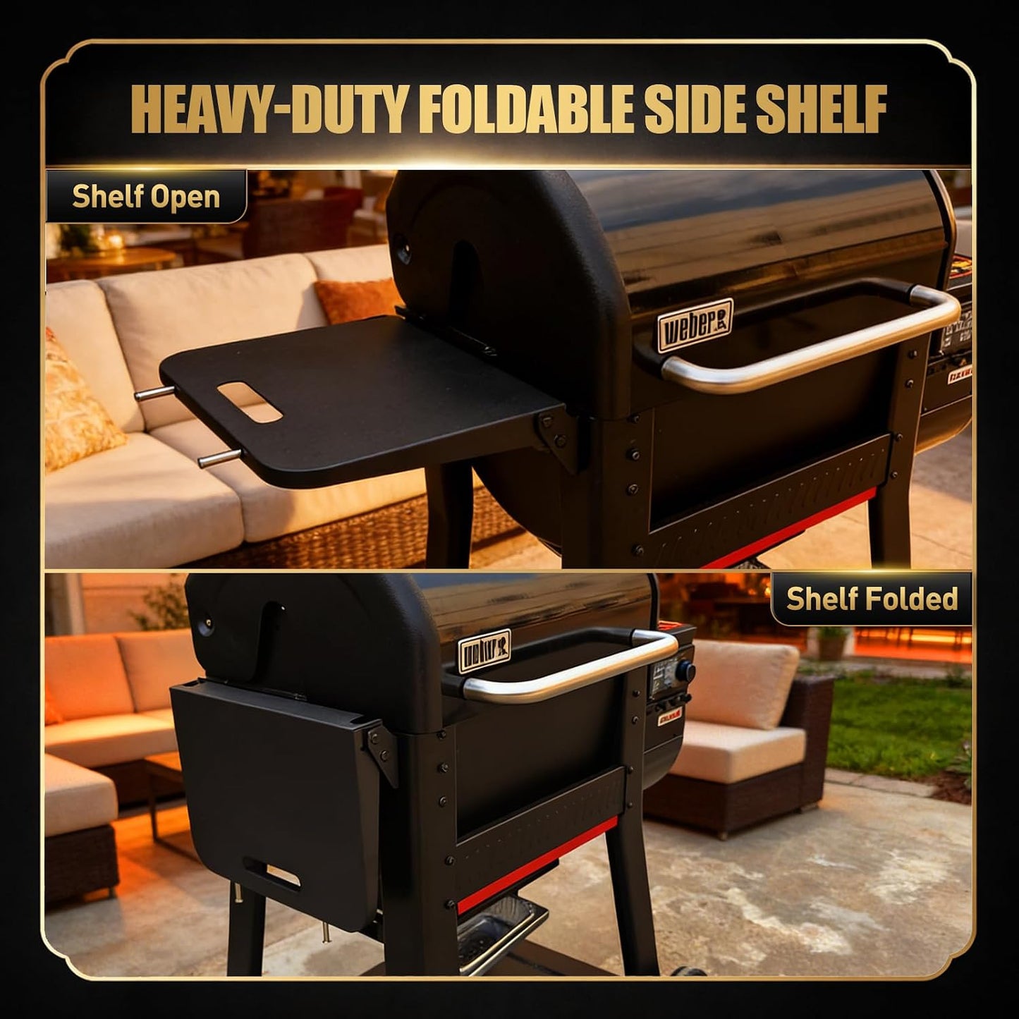 QuliMetal Folding Front Shelf for Traeger Pro 34, Texas Elite 34, Century 885 and Eastwood 34, 37" x 12" Heavy-Duty Grill Prep Table with Cutting Board, Stainless Steel Basin, Lid and 5 Hooks