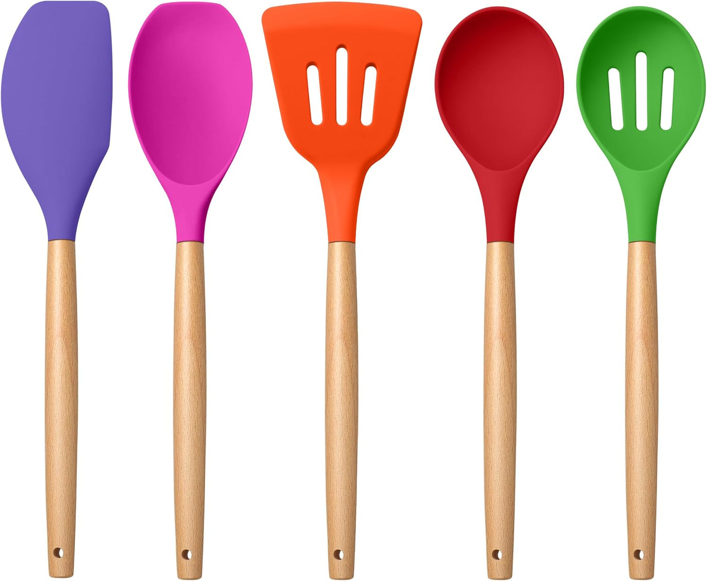 E-far Silicone Cooking Utensils Set, 5-Piece Kitchen Utensils Set with Wooden Handle for Cooking, Silicone Kitchen Nonstick Tools Spatula Turner Slotted Spoons, Nontoxic & Heat Resistant-Khaki