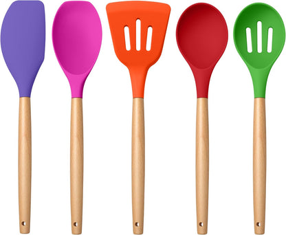 E-far Silicone Cooking Utensils Set, 5-Piece Kitchen Utensils Set with Wooden Handle for Cooking, Silicone Kitchen Nonstick Tools Spatula Turner Slotted Spoons, Nontoxic & Heat Resistant-Khaki