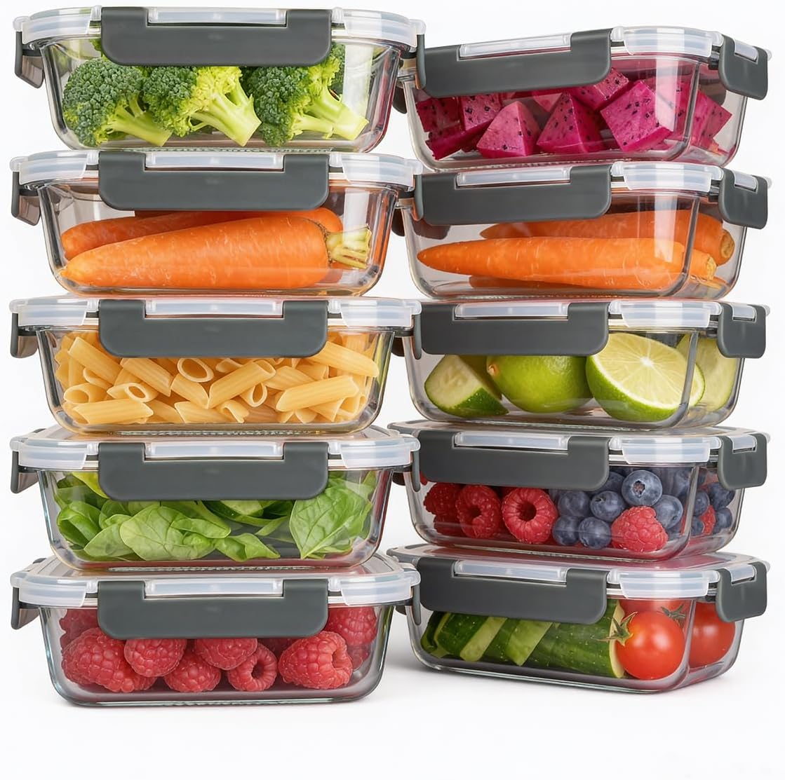 KAMOTA Glass Food Storage Containers, 10 Pack Glass Meal Prep Containers, Airtight Containers with Snap-Lock Lids, 22 oz Grey Container Set with Lids, for Microwave/Oven/Freezer/Dishwasher