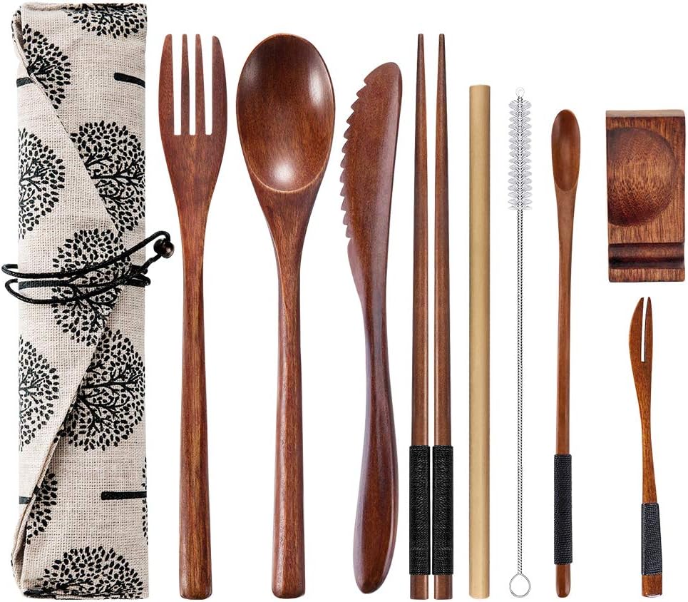 OKA Reusable Wooden Travel Cutlery Set Japanese Style Lunch Utensil Set with Case,9 Pcs Wooden Flatware Including Reusable Knife Fork Spoon Chopsticks Straws & Cleaning Brush