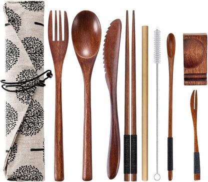 OKA Reusable Wooden Travel Cutlery Set Japanese Style Lunch Utensil Set with Case,9 Pcs Wooden Flatware Including Reusable Knife Fork Spoon Chopsticks Straws & Cleaning Brush